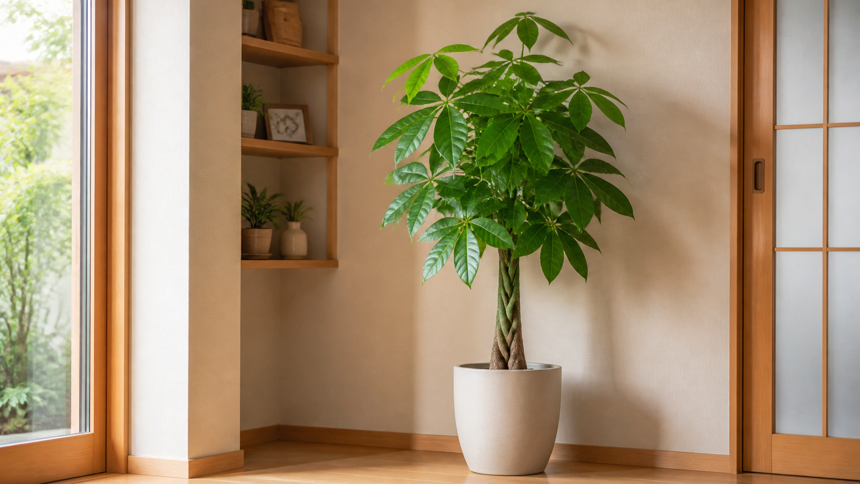 室内で育つパキラの鉢植え