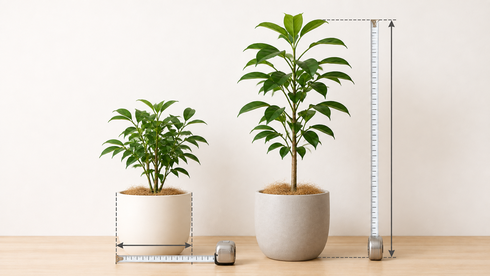 観葉植物の鉢の号数(直径)と樹高の測定イメージを示す、メジャーと植物の静物構図
