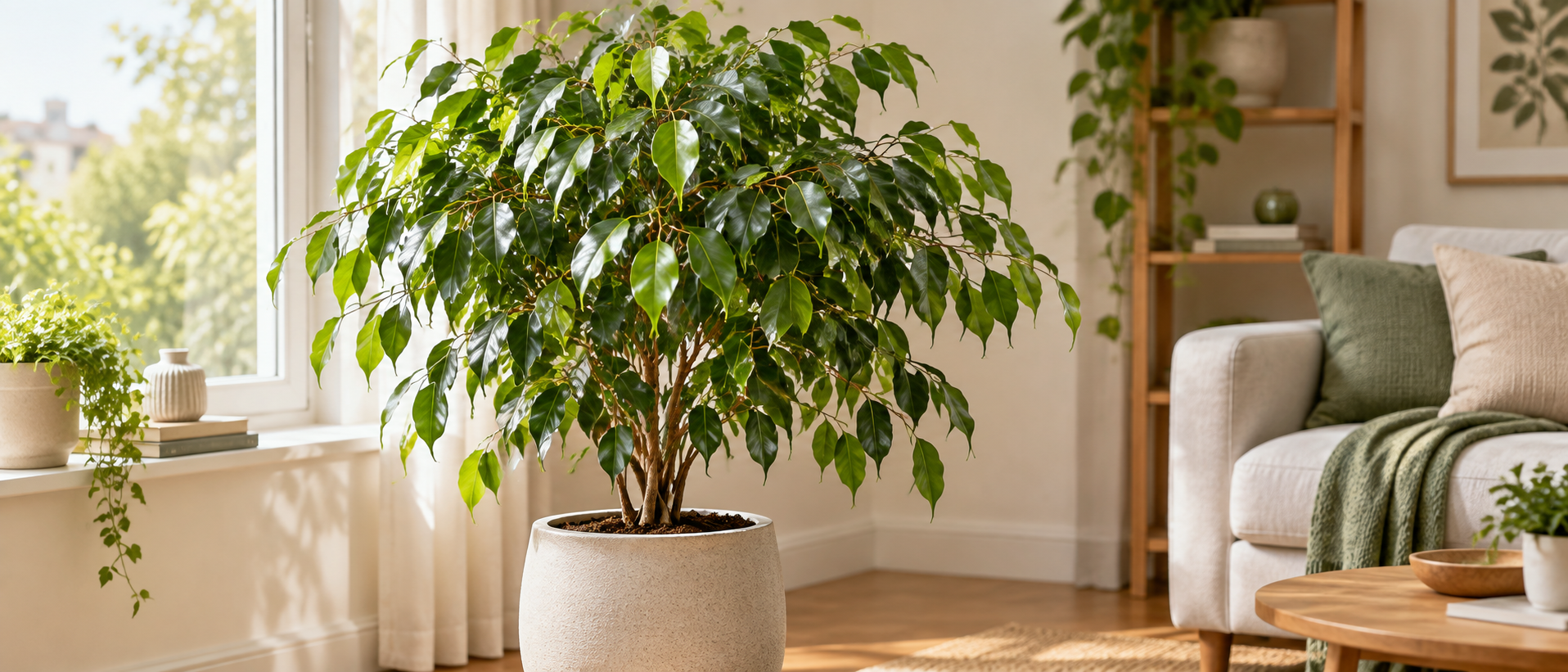 明るいリビングの窓辺に置かれた、青々と葉を茂らせた美しい観葉植物ベンジャミンの鉢植え