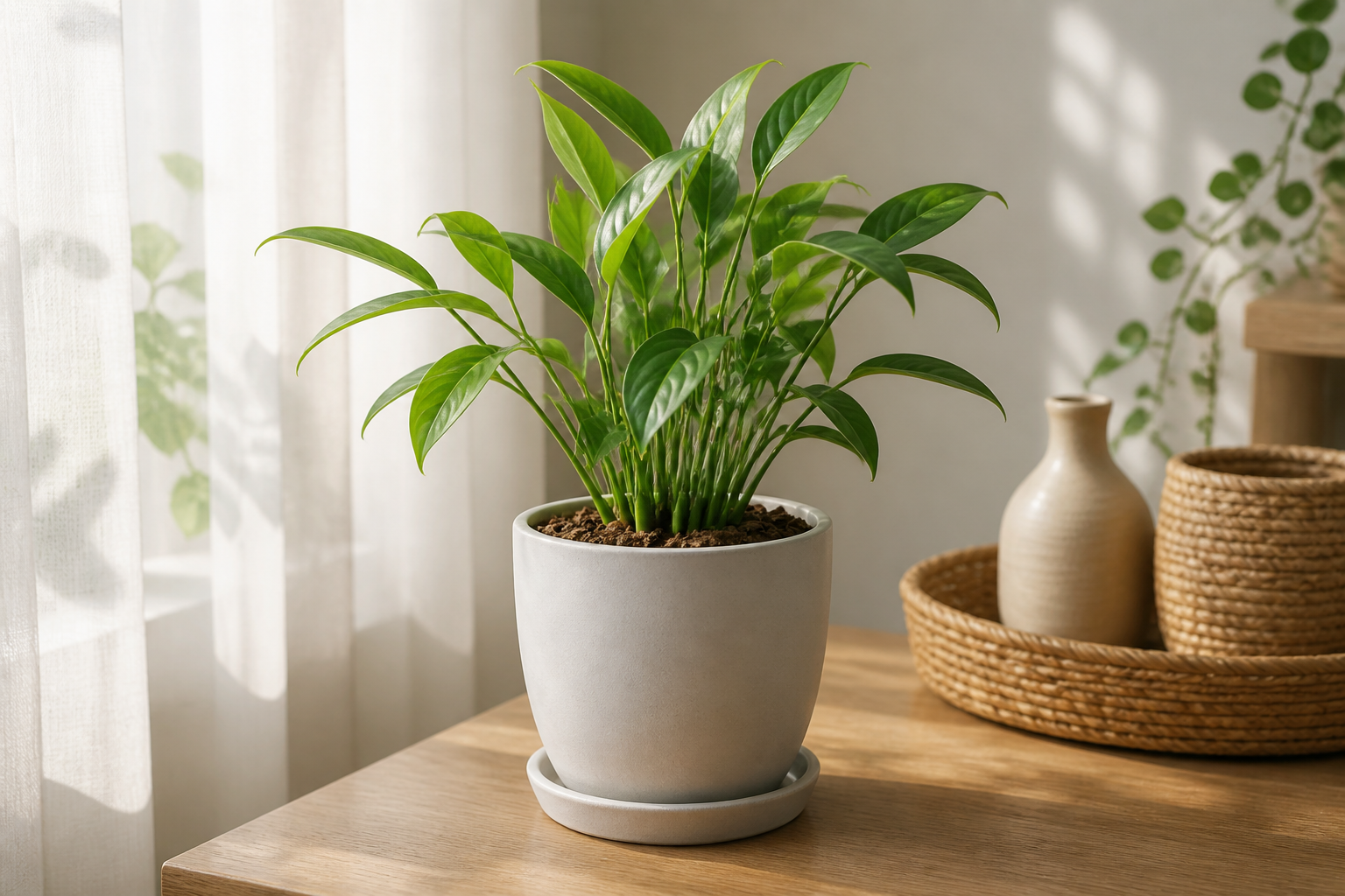 適切なサイズの鉢に植え替えが完了し、明るい日陰に置かれた観葉植物の鉢植えが、周囲のインテリアと調和している静物構図