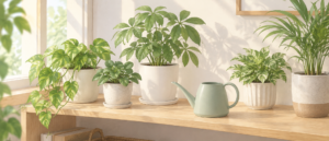 明るい室内の棚に置かれた観葉植物と、その手前に配置された水やり用の小さな水差し