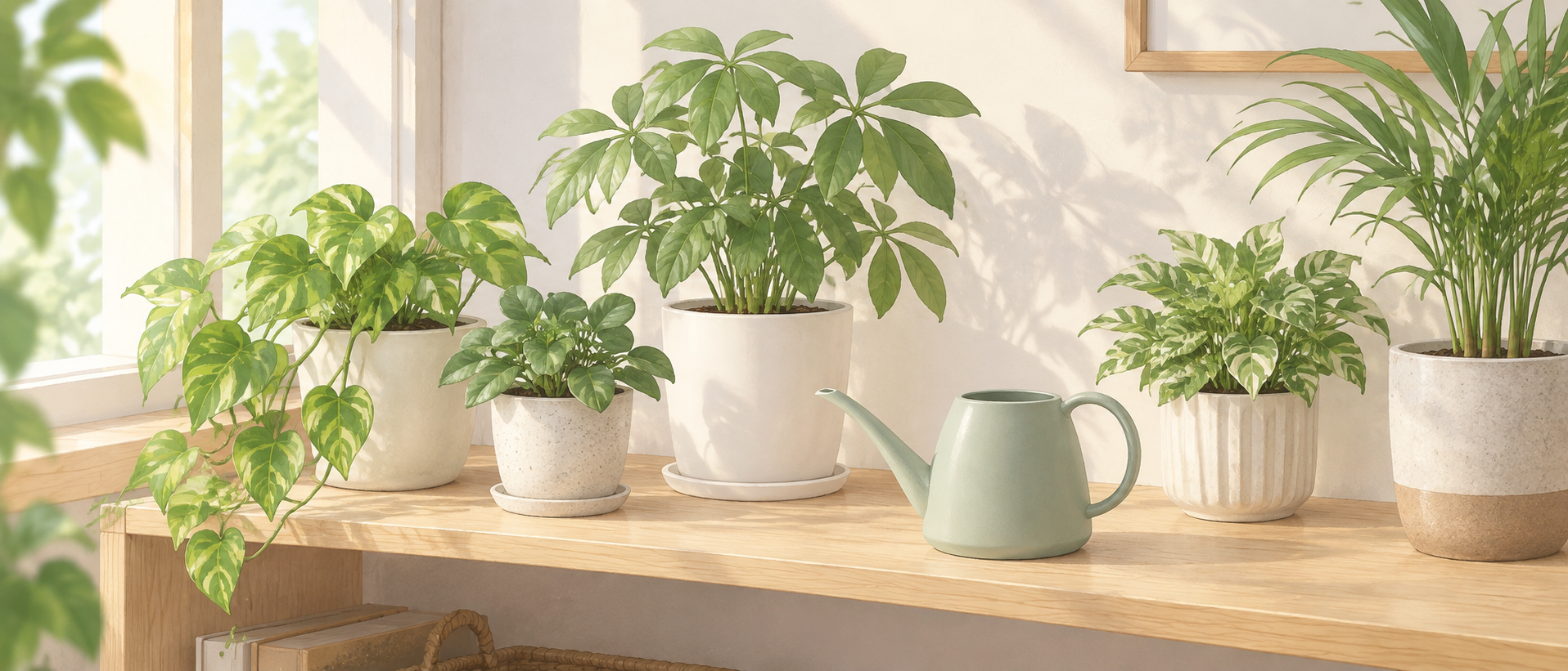 明るい室内の棚に置かれた観葉植物と、その手前に配置された水やり用の小さな水差し