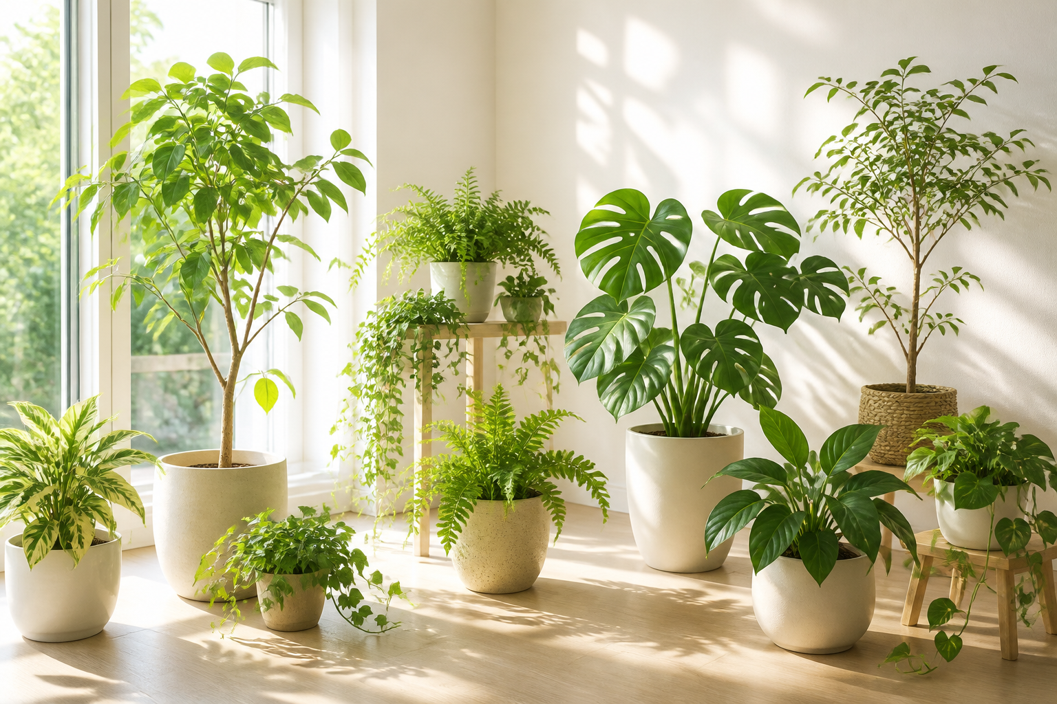 日当たりの良い部屋で健康的に育っている観葉植物の全体像