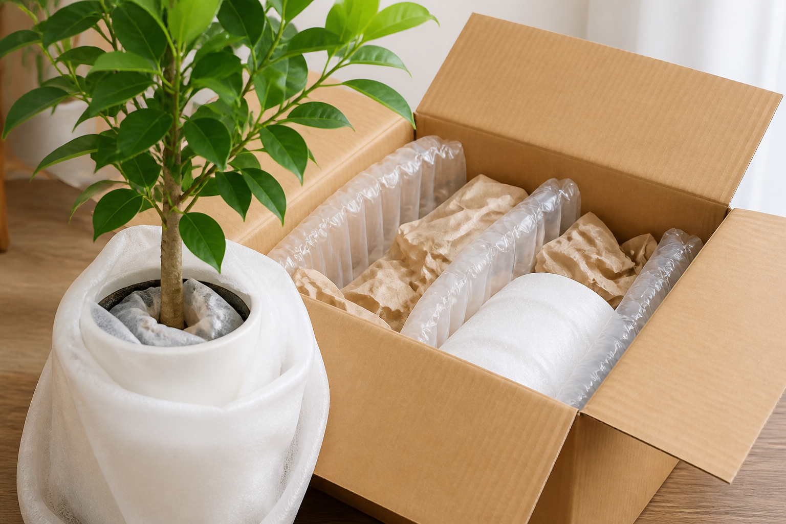 梱包箱から丁寧に保護された観葉植物を取り出す手元と、段ボール内の保護資材の様子