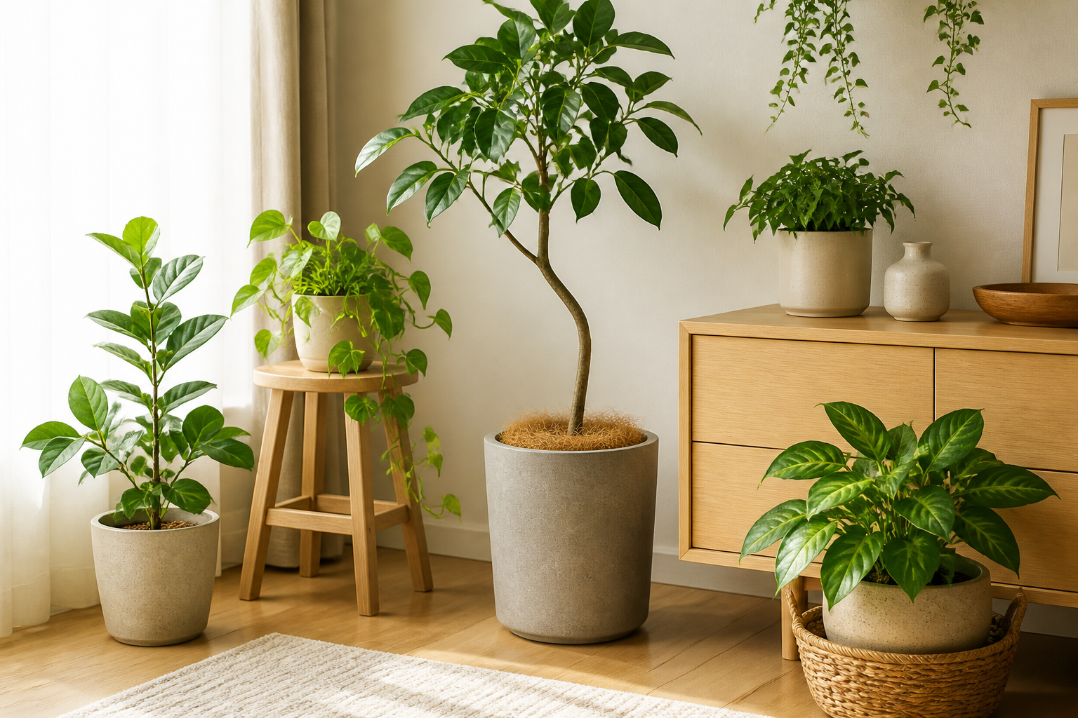 居心地の良い部屋のコーナーに飾られた、健康的な観葉植物とインテリアの静物