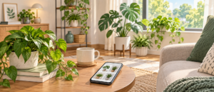 リビングに飾られた元気な観葉植物とスマホで通販サイトを閲覧する様子