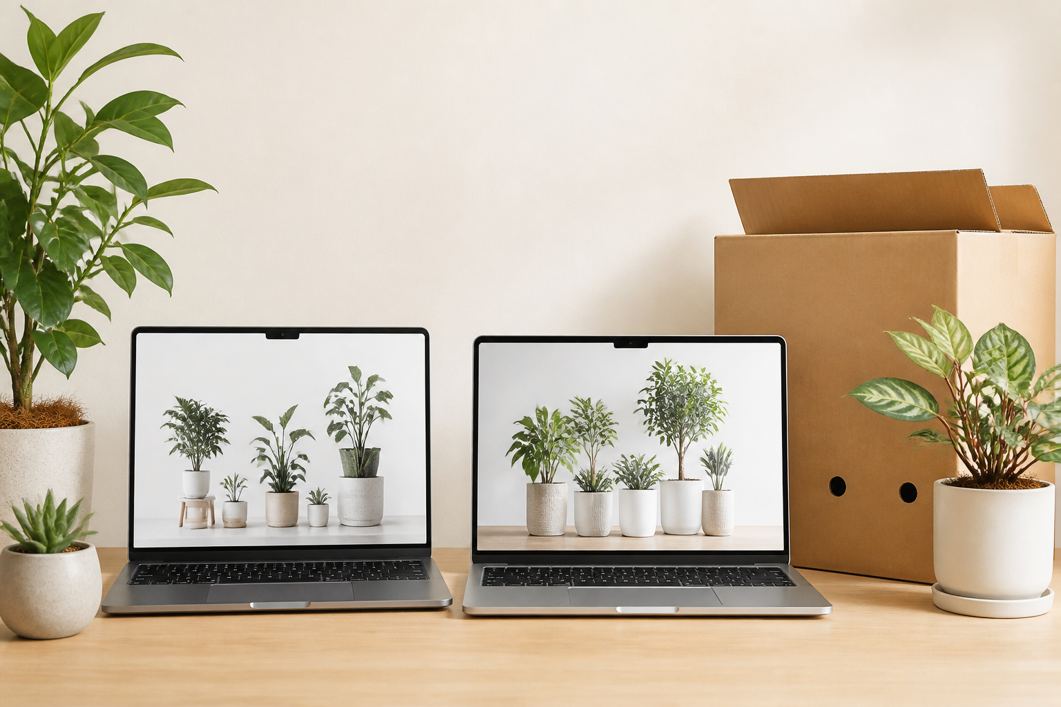 植物通販の一般的なサイト画面を並べたイメージと配送用段ボール