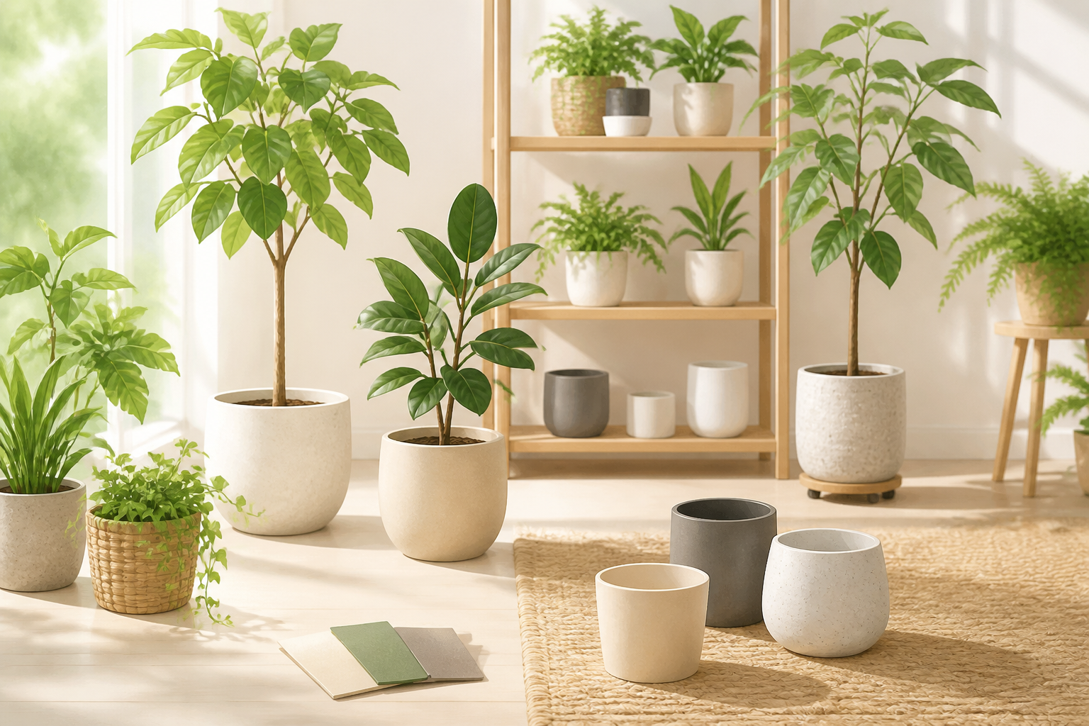 明るい部屋に置かれた複数の観葉植物と色の異なる鉢