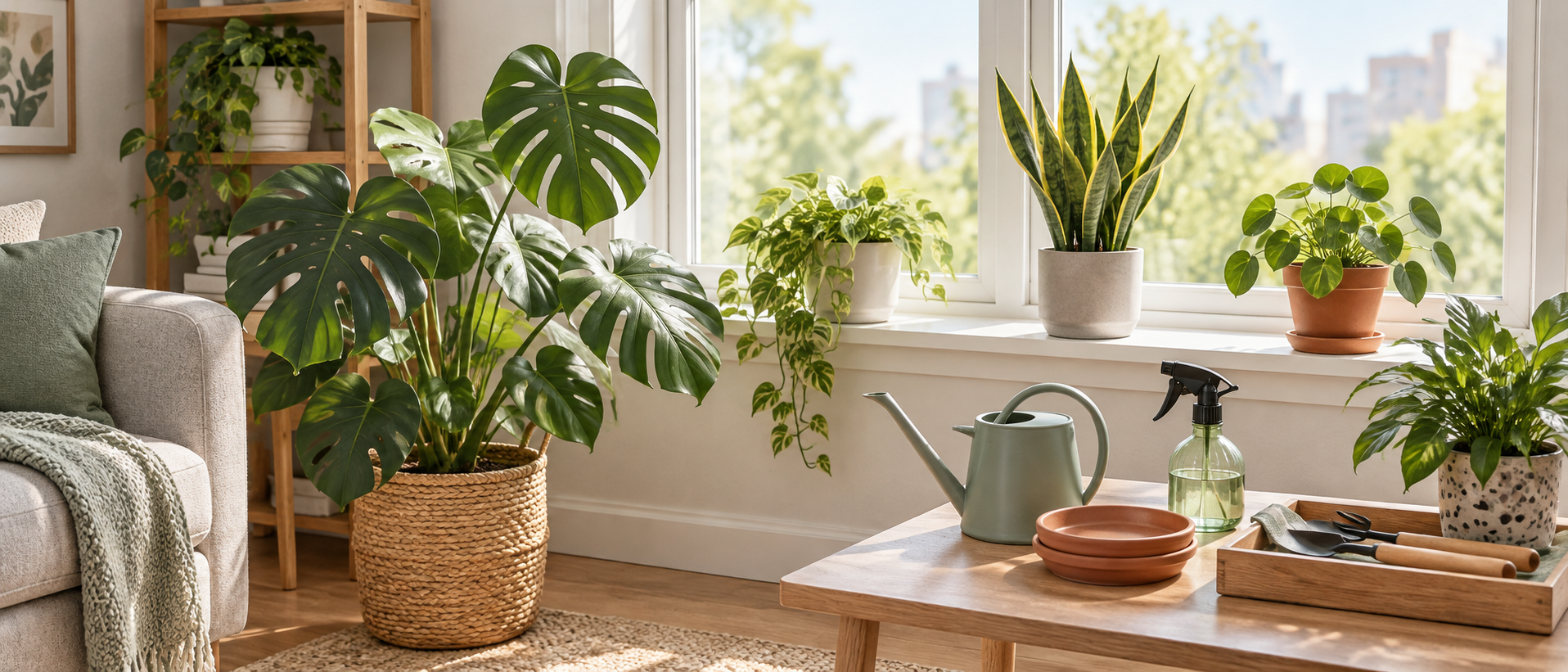 リビングの窓辺に置かれた大小の観葉植物と、傍らに置かれたジョウロなどの手入れ用品