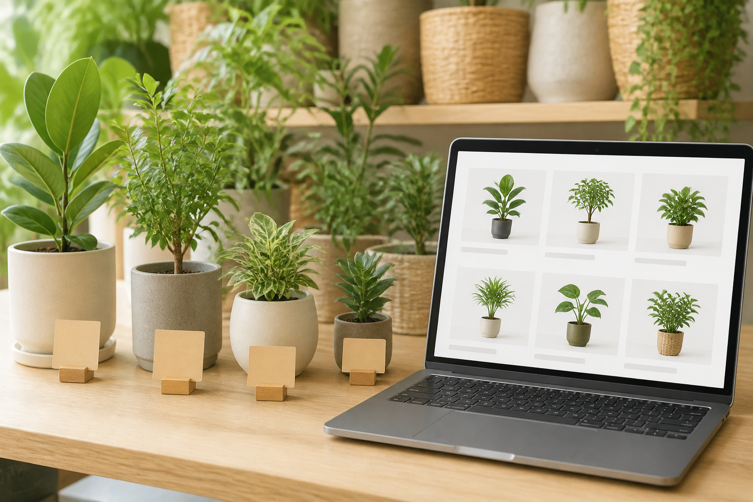植物とウェブショップの画面を並べて、サイズの異なる候補を比べるイメージ
