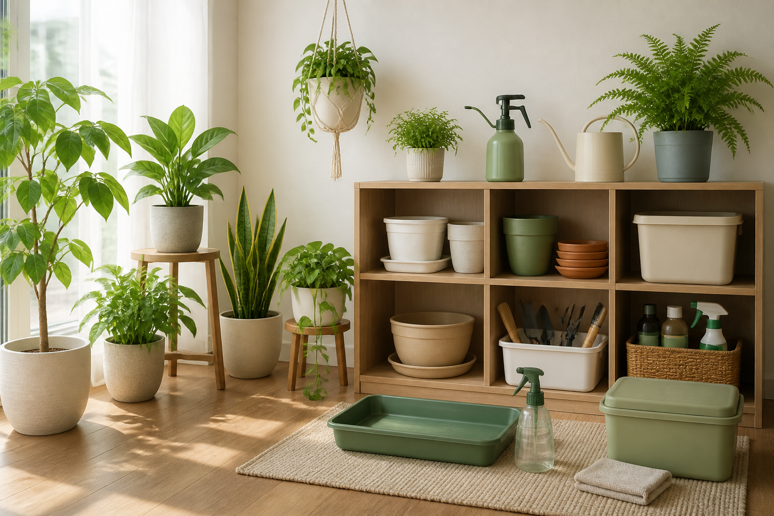 お気に入りの植物と必要な手入れ道具がすっきりと収まった、初心者のための快適な室内園芸スペース