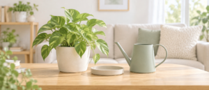 リビングのテーブルに置かれた観葉植物と、その横に揃えられたシンプルなジョウロと鉢皿