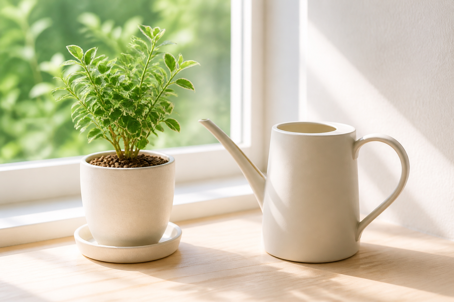 観葉植物と水やり容器・鉢皿のイメージ