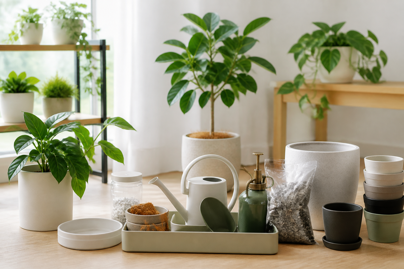 すっきりと整ったお部屋で元気に育つ観葉植物と愛用の道具類