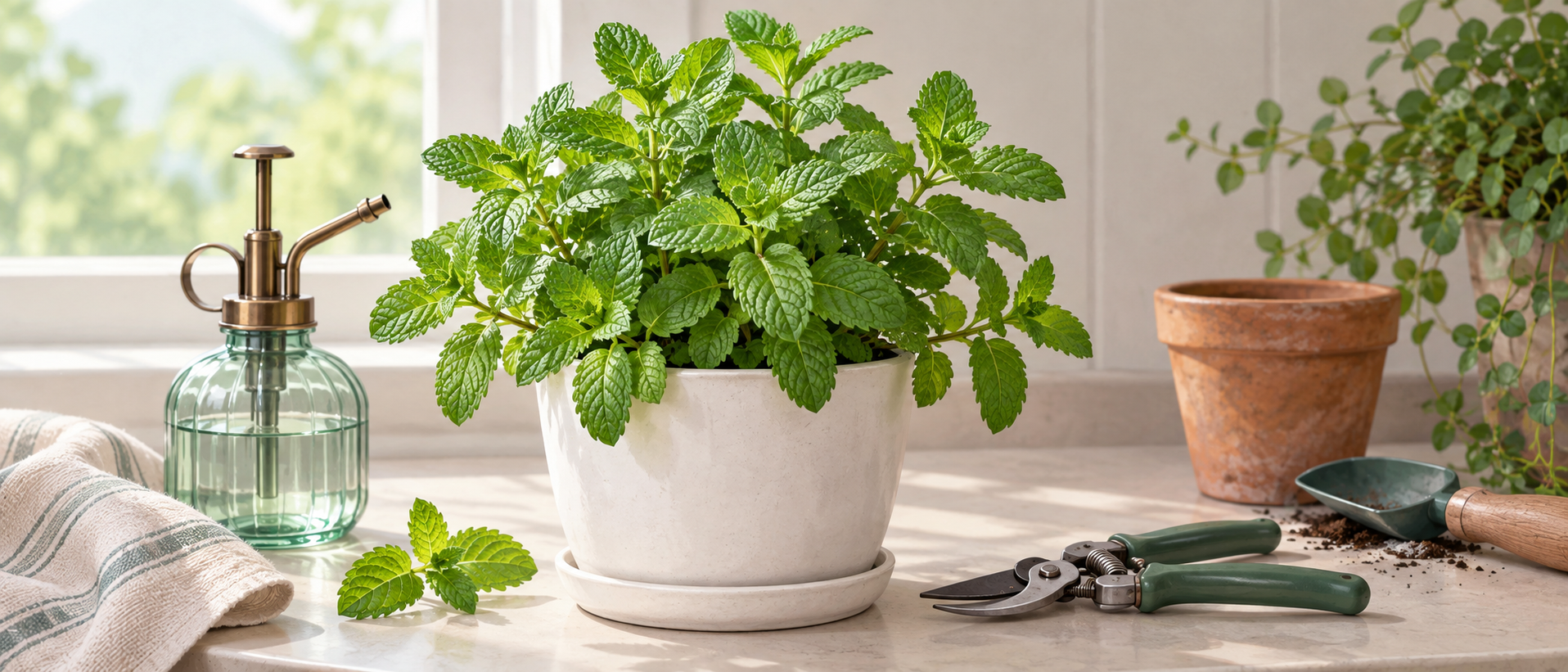 白い陶器の鉢に植えられた青々としたミントの葉と、隣に置かれた霧吹きや剪定バサミなどの園芸道具