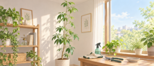 日当たりの良い室内で背が高く伸びた観葉植物と窓辺の剪定ばさみ