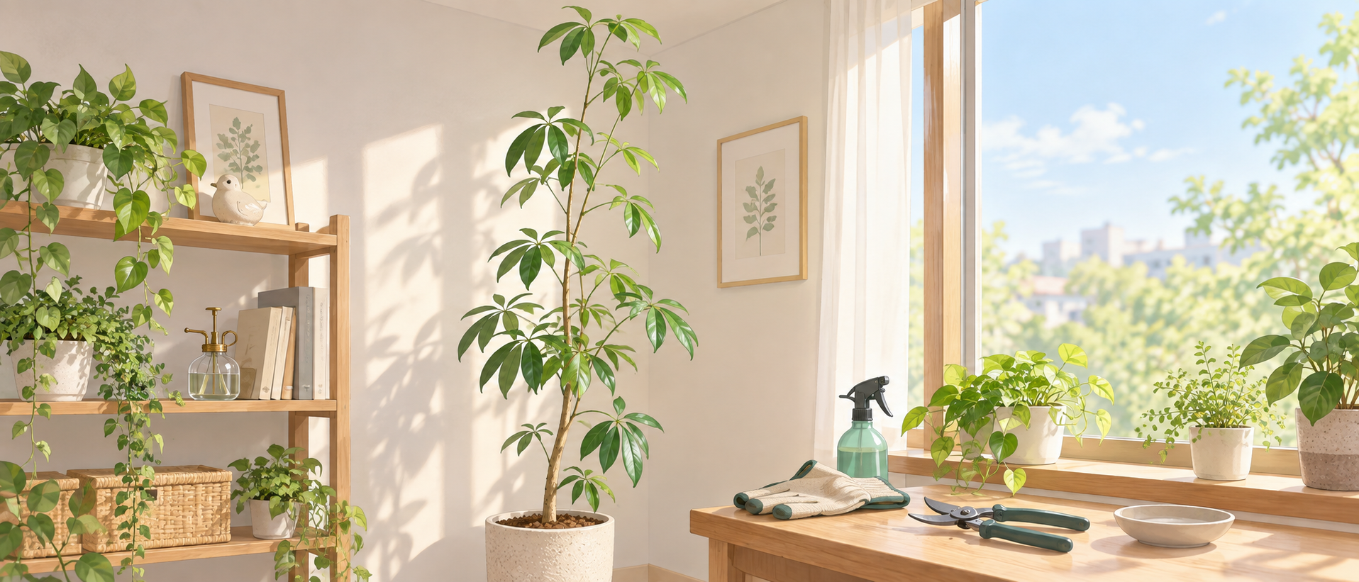 日当たりの良い室内で背が高く伸びた観葉植物と窓辺の剪定ばさみ