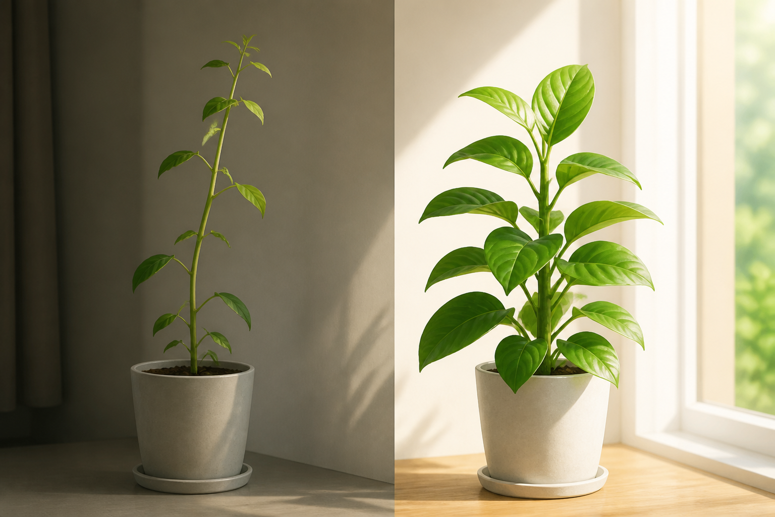 日当たりの悪い室内でひょろひょろと細く伸びた茎と、日当たりの良い場所でしっかり育った茎を比較して観察しているイラスト