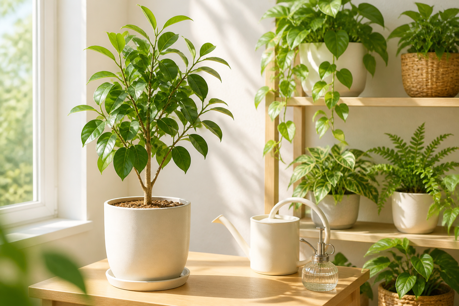 日当たりの良い室内で適度な大きさに整えられた観葉植物