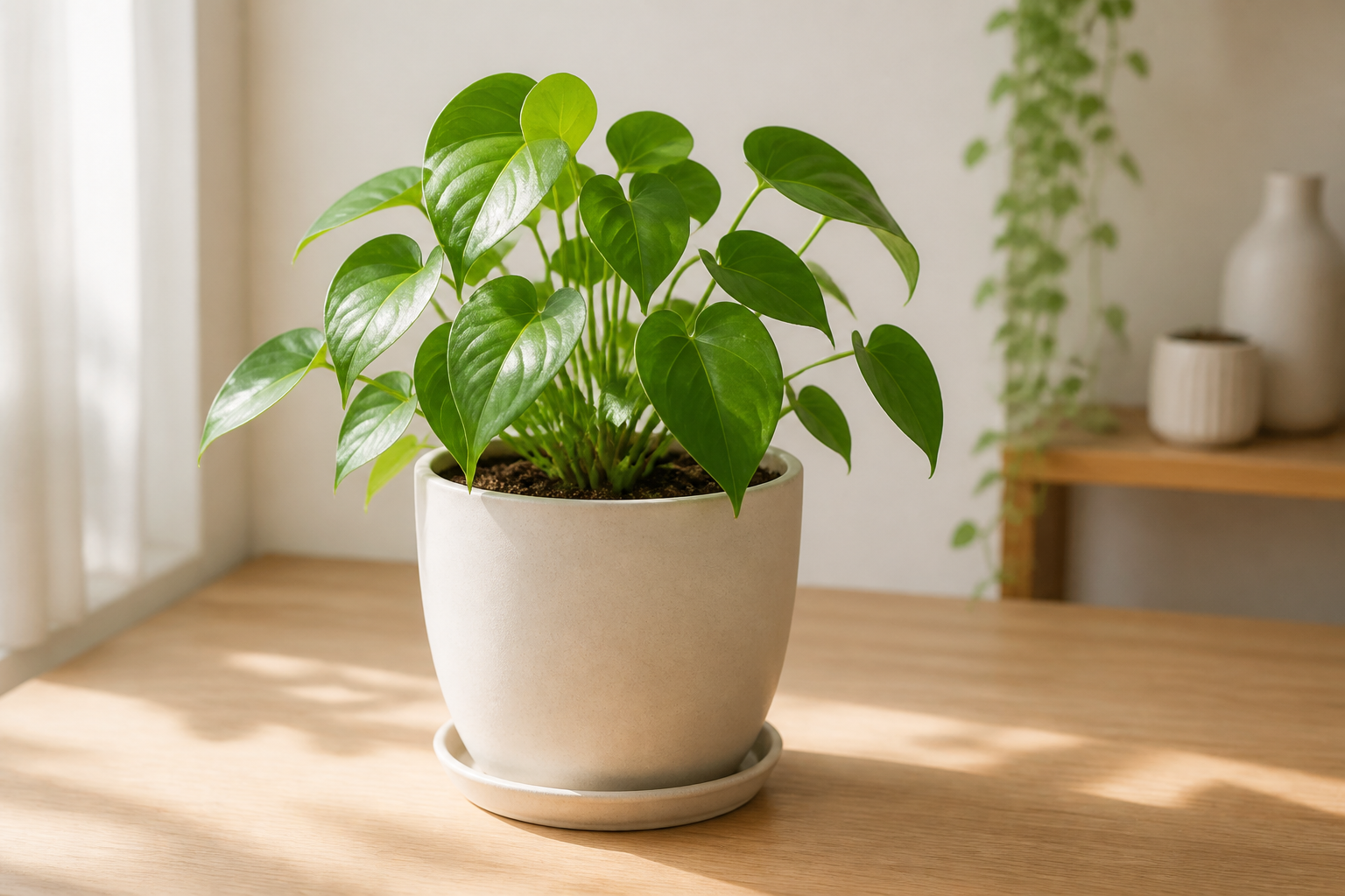 植え替えが完了し、新しい鉢で生き生きとしている観葉植物の様子