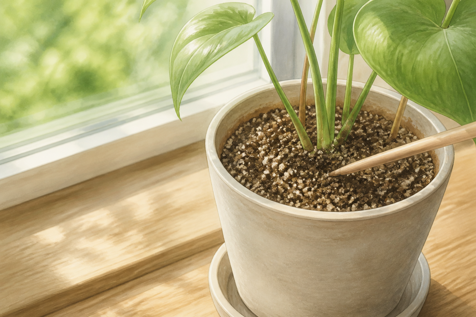 窓辺の観葉植物の鉢土を木棒で確認する様子