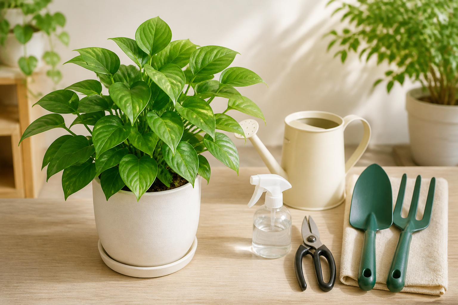 室内の観葉植物の鉢植えと、整理された園芸道具のセット