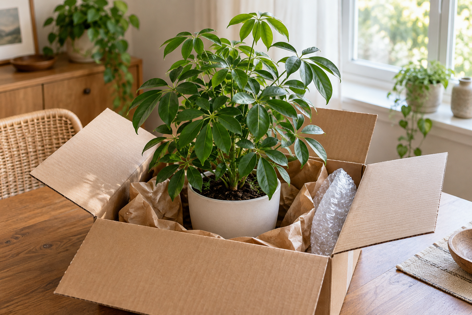開梱済みの箱に入った観葉植物と梱包材