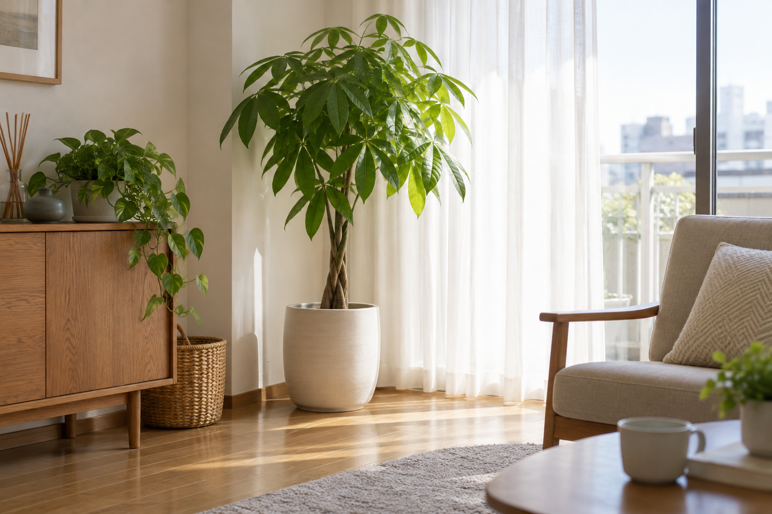 明るい窓辺に観葉植物を配置した無人のリビング