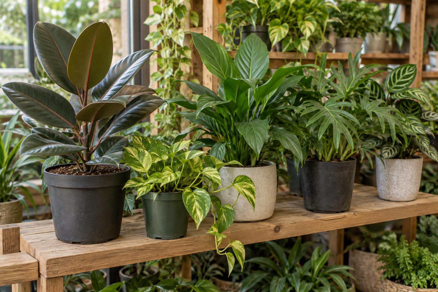 園芸店の木製棚に並ぶ観葉植物の鉢と葉