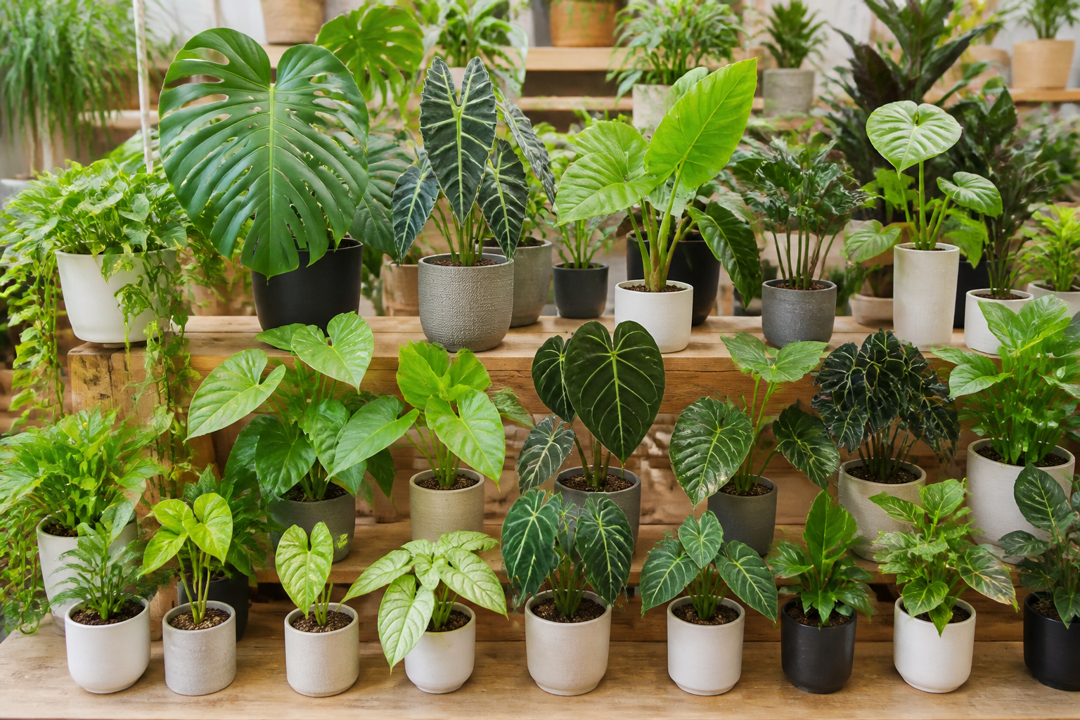 園芸店で大きさや葉の形が異なる多種多様なサトイモ科の鉢植えが並べられ、比較しやすくなっている様子