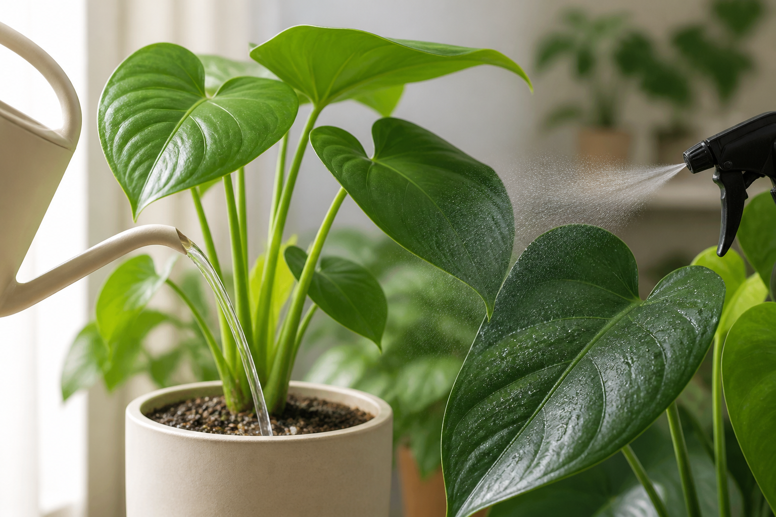 じょうろと霧吹き、葉のある観葉植物を組み合わせた手入れのイメージ
