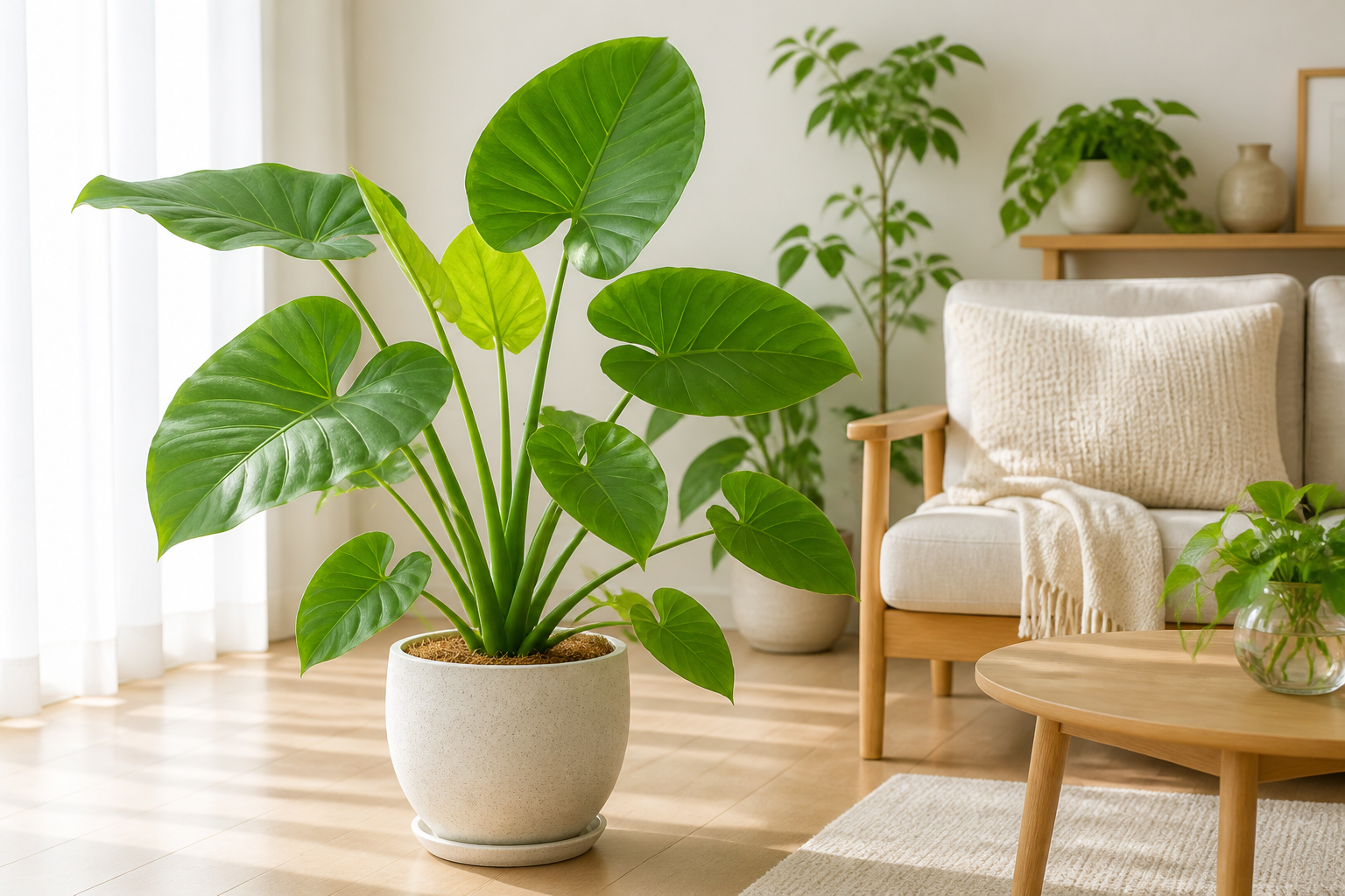 清潔感のあるリビングで、美しい葉を広げたサトイモ科の観葉植物が暮らしの一部として自然に溶け込んでいる様子
