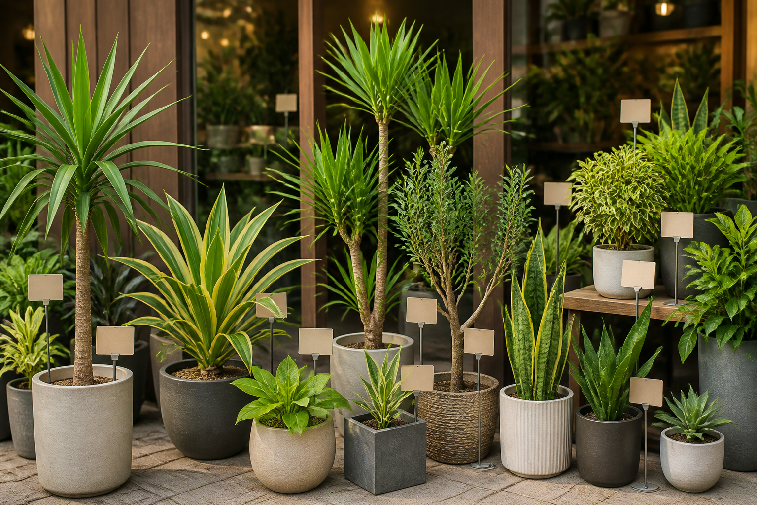 園芸店に並ぶ大小の観葉植物と無記入の札