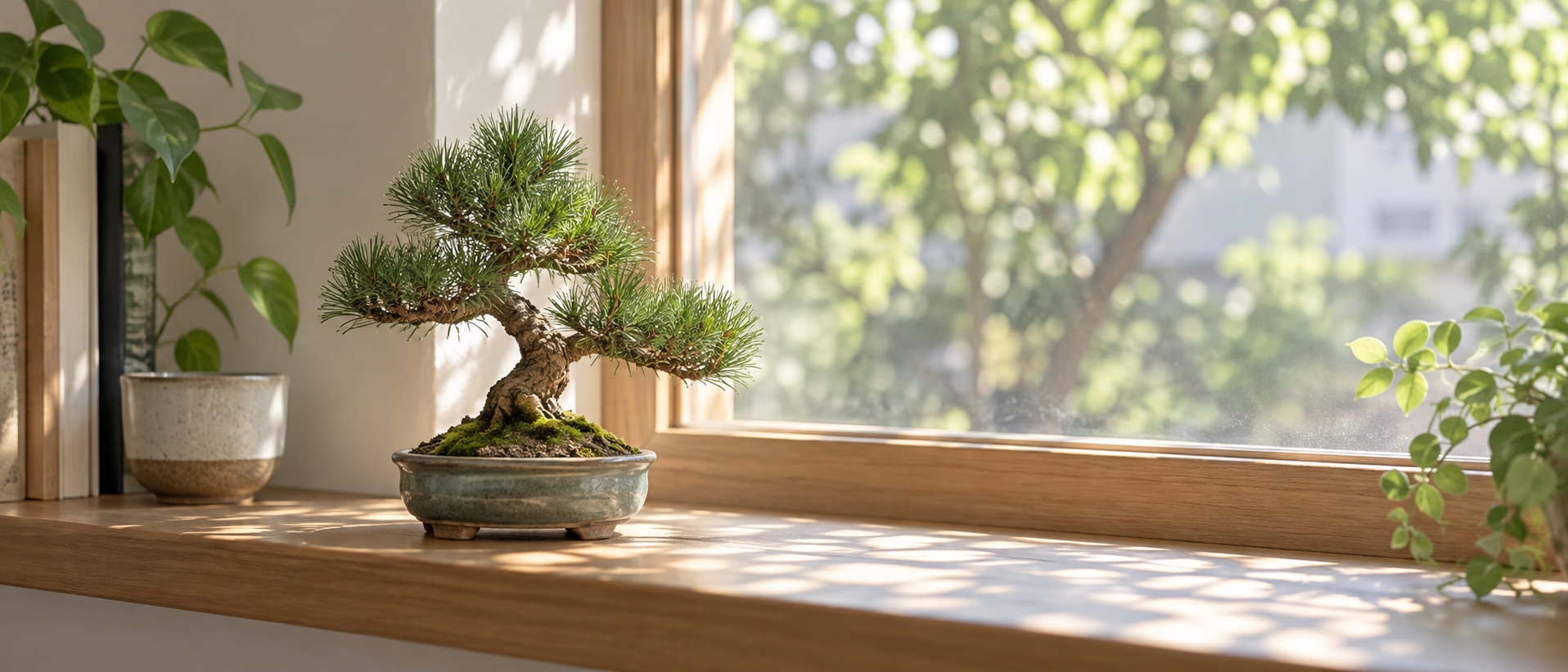 木漏れ日が差し込む窓辺に置かれた、手のひらサイズの小さな松の鉢植え