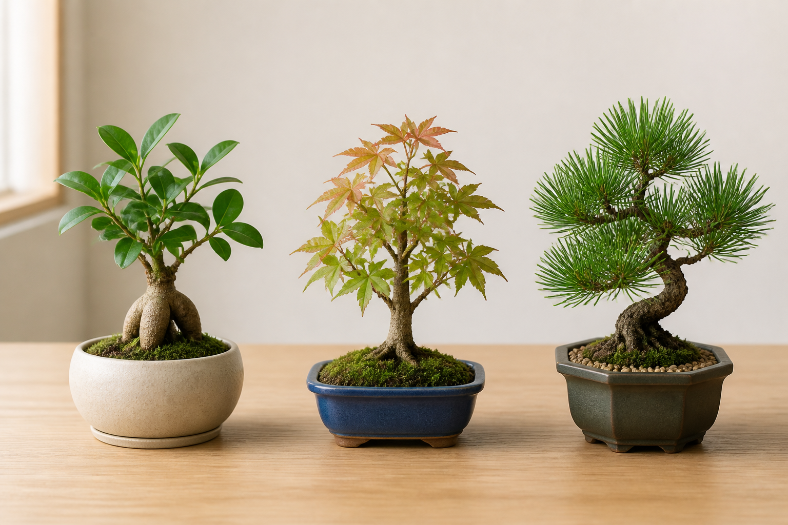 テーブルの上に並べられた、樹種や鉢の形が異なる3つの小さな植物