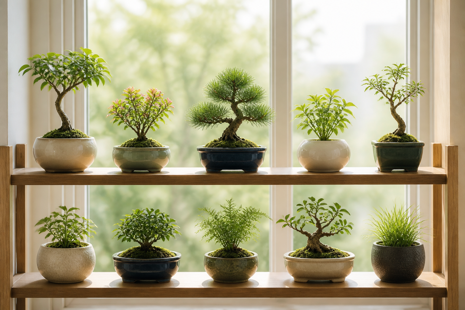 きれいに手入れされた植物が窓辺の小さな飾り棚に整然と並んでいる様子