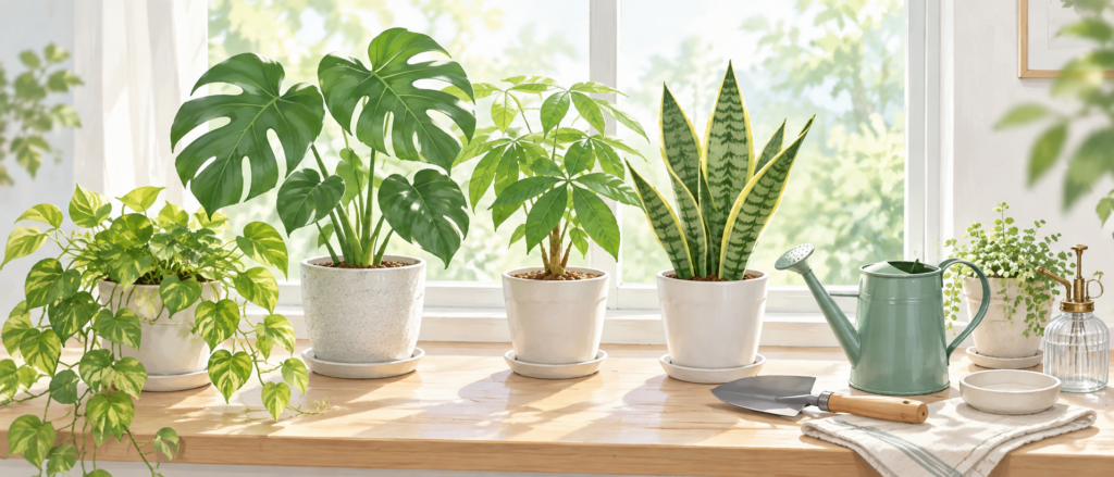 窓辺に置かれた観葉植物の鉢植えと、水差しや小さなシャベルが整然と並んでいる様子