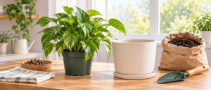 明るい窓辺に置かれた新しい鉢と観葉植物、そしてスコップや土が用意された清潔な作業スペース