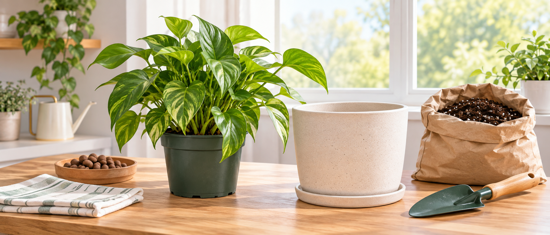 明るい窓辺に置かれた新しい鉢と観葉植物、そしてスコップや土が用意された清潔な作業スペース