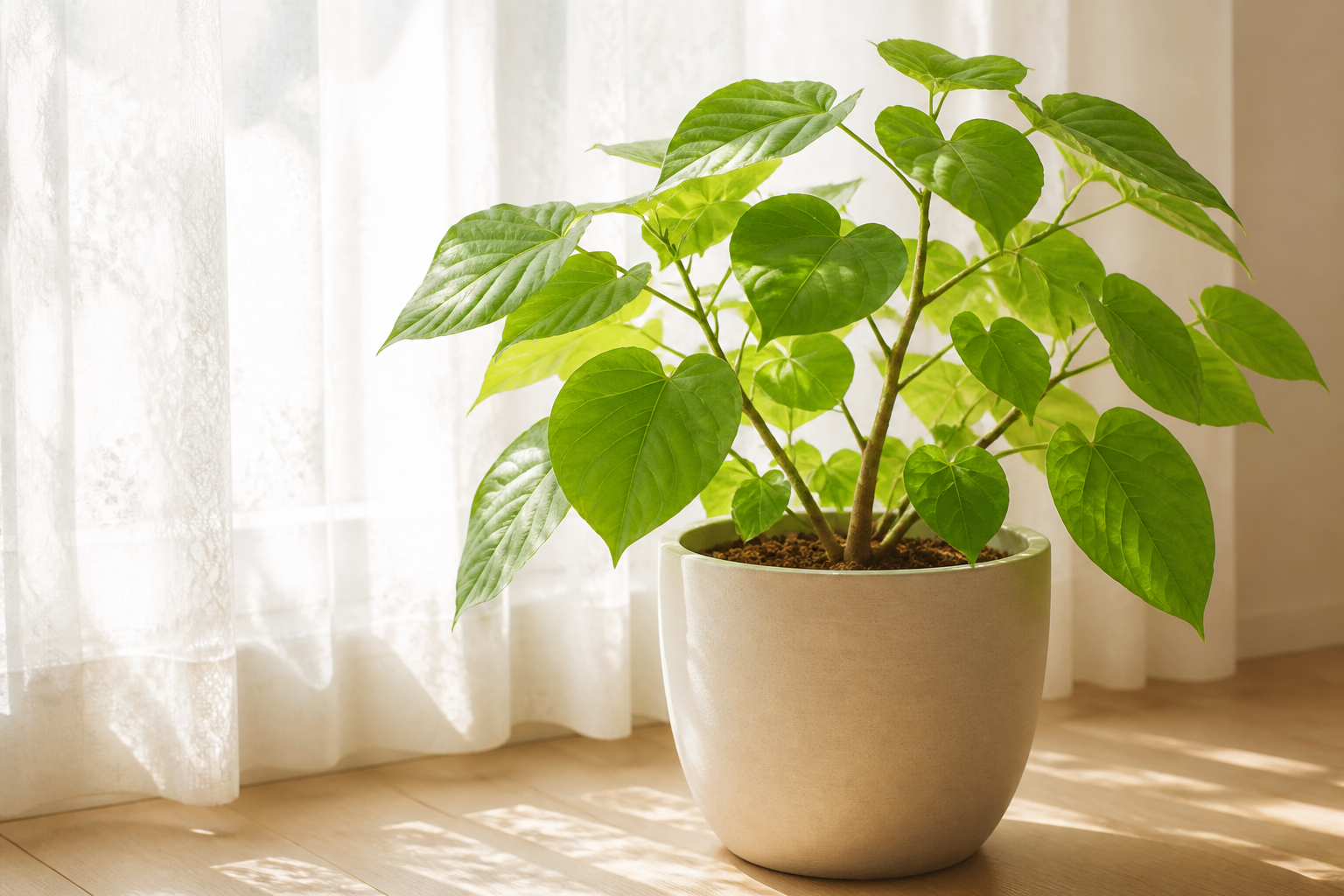一回り大きな鉢に植え替えられ、レースのカーテン越しの柔らかい光を受けて生き生きと葉を広げる観葉植物の様子