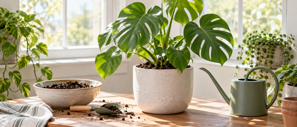 窓辺の明るい日差しの中に置かれた、新しい土で植え替えられたモンステラと小さなスコップ、ジョウロが並んでいる様子