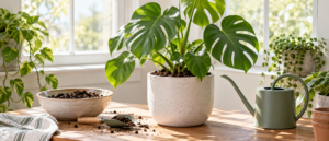 窓辺の明るい日差しの中に置かれた、新しい土で植え替えられたモンステラと小さなスコップ、ジョウロが並んでいる様子