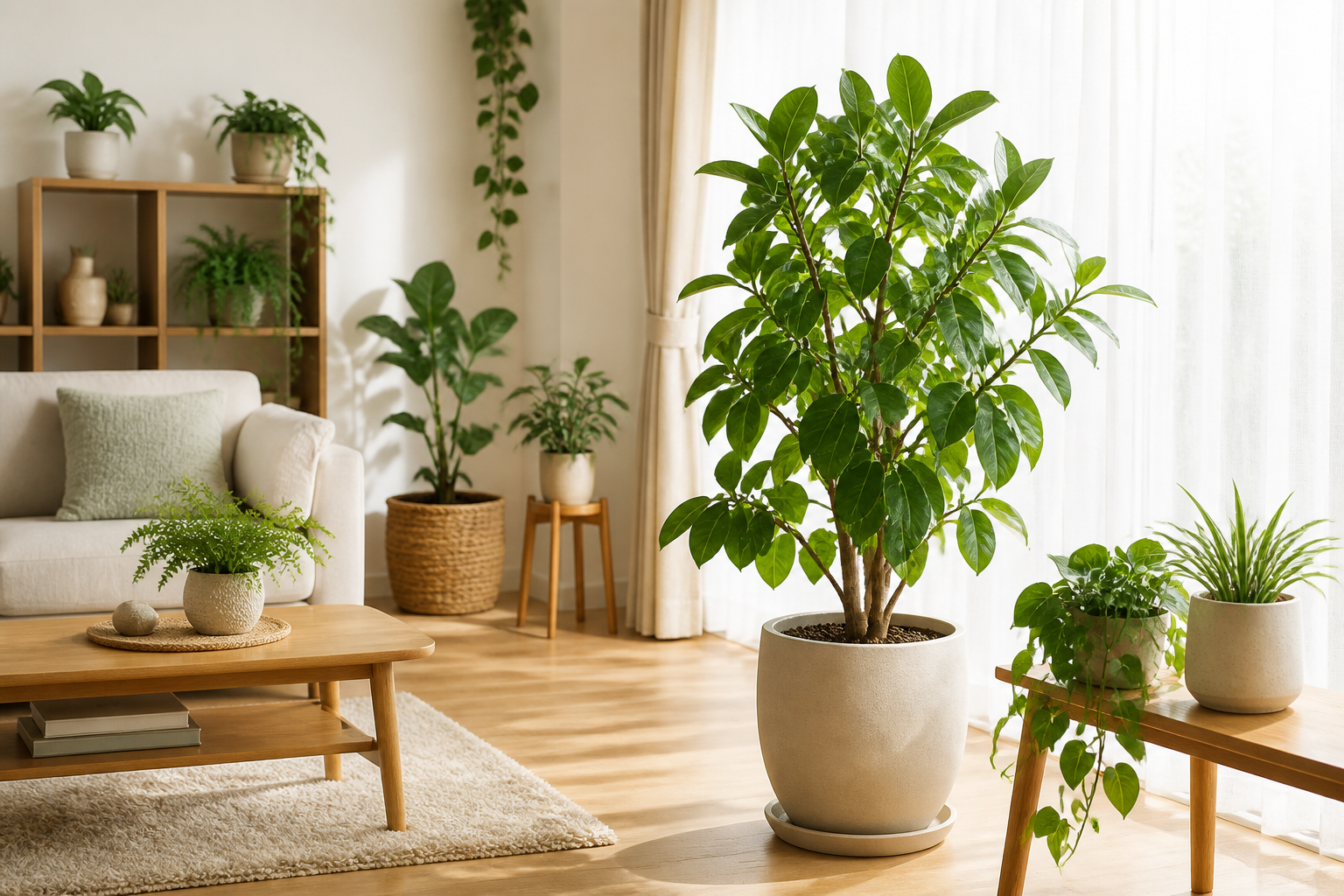 美しく成長した観葉植物がリビングのインテリアと調和している、清潔でリラックスできる空間の風景