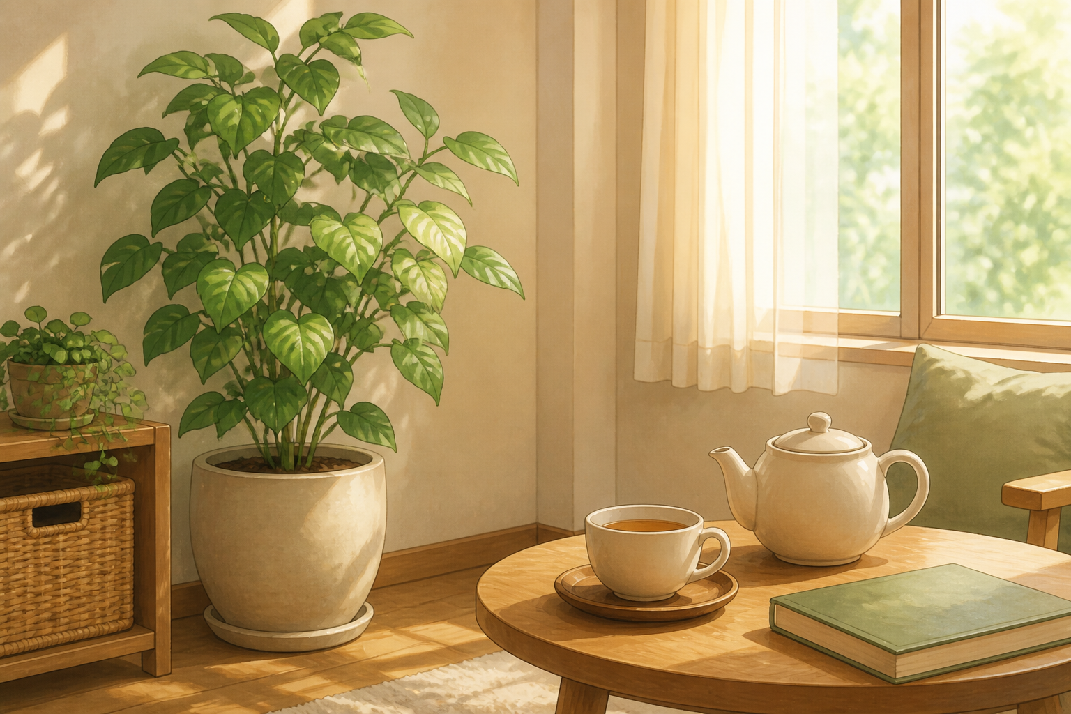 部屋の片隅に置かれたお気に入りの観葉植物を眺めながら、ティータイムをリラックスして楽しむ休日の情景