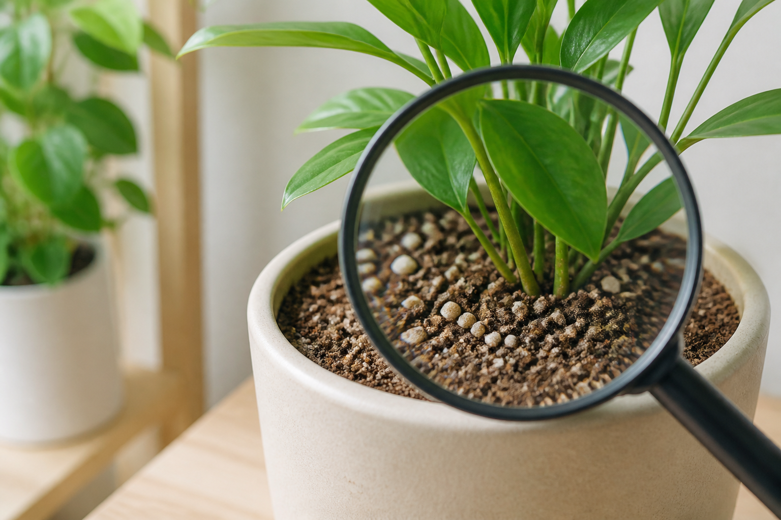 鉢植えの表面と葉をルーペで確認している様子