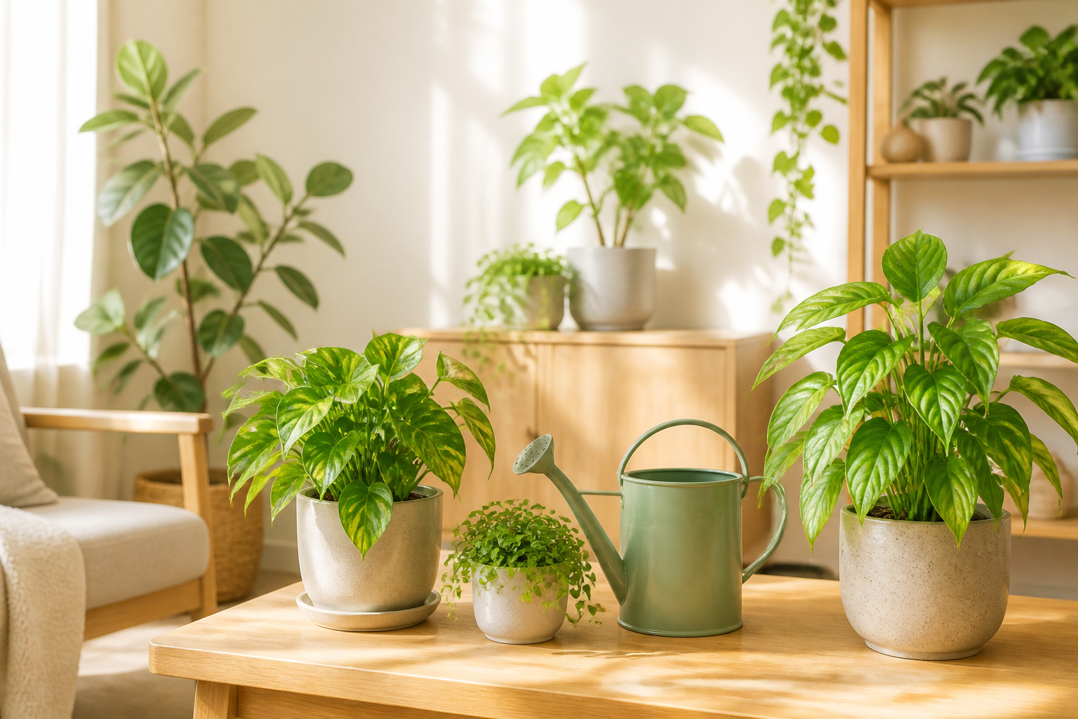 元気な観葉植物とじょうろが並んだ明るいリビング